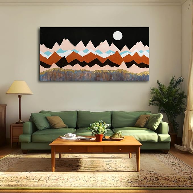 Large Mountain Wall Art Abstract Modern Wall Decor for Living Room Framed Moon Art Geometric Wall Paintings for Dining Room Kitchen 29x58 Inch