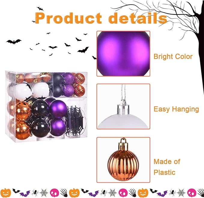 Pack of 56 Halloween Hanging Ball Ornaments, Shatterproof Balls Spider Bat Ornaments for Indoor Halloween Tree Decorations, Home Decorations (Multi)
