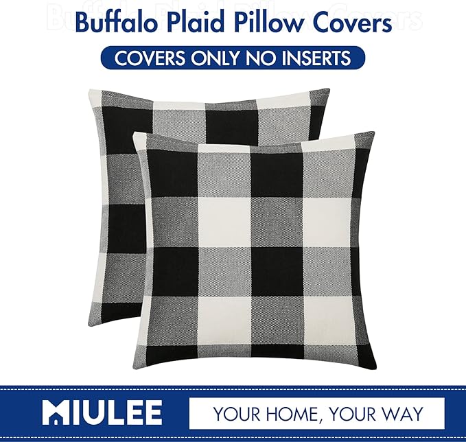 MIULEE Pack of 2 Halloween Classic Farmhouse Buffalo Check Plaids Linen Soft Solid Decorative Square Throw Pillow Covers Black and White Home Decor Outdoor Cushion Case for Sofa Bedroom 20 x 20 Inch