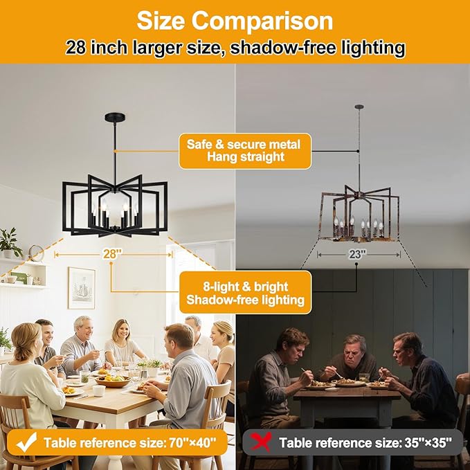 28" Modern Large Black Chandelier for Dining Room (8-Light, 28-Inch), Geometric Black Dining Room Light Fixture Over Table, Industrial Metal Hanging Pendant Lights for Kitchen Island, Entryway, Foyer