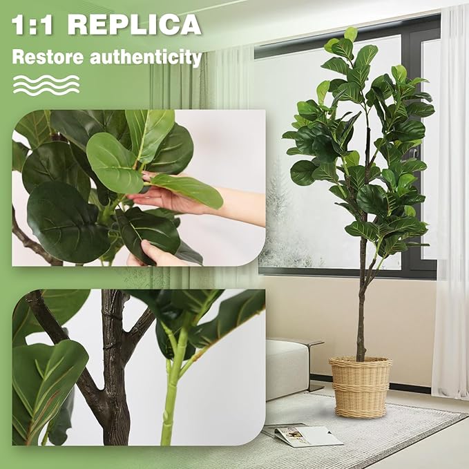 Faux Fiddle Leaf Fig Tree 6ft(72in) Artificial Floor Plant for Indoor Decor Realistic Potted Tree with Texture Silk Leaves and Natural Wood Trunk for Home Living Room,Office Perfect Housewarming Gift