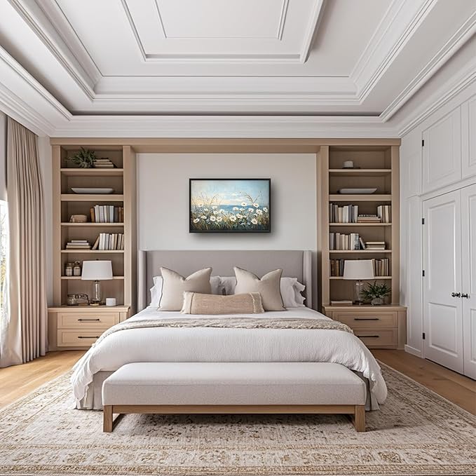 Flintis Large Ocean Daisy Framed Wall Art Beach Daisy Flower Pictures Wall Decor Abstract Natural Landscape Canvas Painting Print Artworks Framed for Living Room Bathroom Master Bedroom 36L X 24W