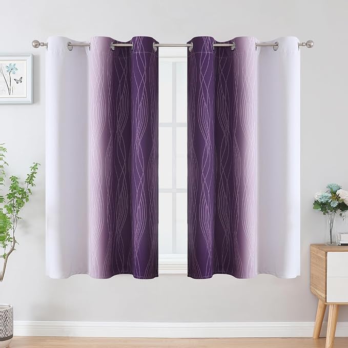 Estelar Textiler Purple and Greyish White Ombre Blackout Curtains 45 Inch Length 2 Panels, Full Room Darkening Gradient Drapes for Kitchen,Thermal Insulated Grommet Short Curtains for Bathroom,42Wx45L