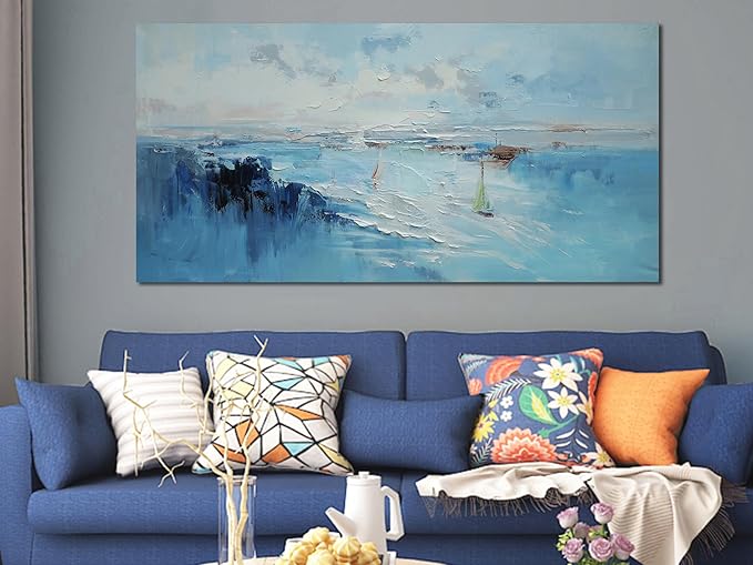 Ardemy Blue Abstract Wall Art for Living Room Coastal Sailboat Textured Bedroom Wall Decor，Bathroom Pictures Wall Decor Modern Artwork Home Office Kitchen Dining 40"x20"
