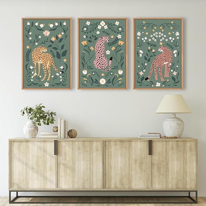 KAIRNE Boho Cheetah Wall Art Set of 3, Floral Leopard with Green Botanical Background, Mid Century Modern Animal Prints for Bedroom, Living Room, Office Decor, Aesthetic Framed Wall Decor, 24x36 Inch