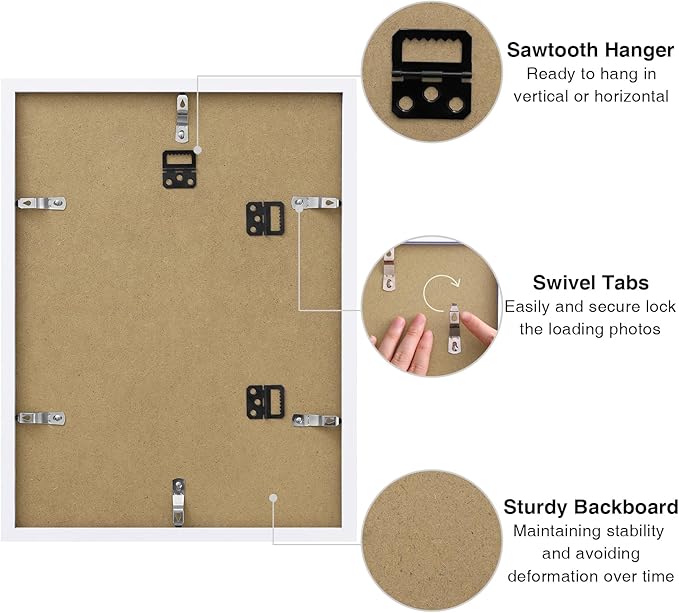 Vittanly 12x16 Picture Frame for Wall, Plexiglass, Displays Poster 11x14 with Mat or 12x16 without Mat, PVC Frame Material, Horizontal or Vertical Hanging, 1 Pack, White