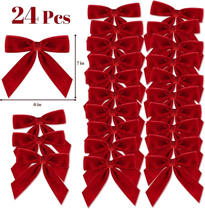 Christmas Decorations - Christmas Bows - 24 Pcs 7 x 6 inch Medium Red Velvet Bows for Christmas Tree - Burgundy Xmas Ribbon Ornaments - Home Decor for Wreath Garland Gift Wrapping Crafts Wedding Party