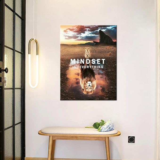 Small Cat Big Lions Motivational Wall Art Mindset is Everything Poster Cute Animal Inspirational Canvas Painting Prints Wall Pictures for Living Room Home Decor Office Framed Artwork [18''W x 24''H]