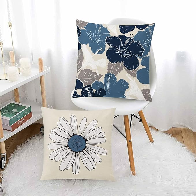 Blue White Pillow Covers 20x20 Set of 6, Daisy Flower Throw Pillow Cover Case, Modern Floral Couch Pillow Cover for Sofa Living Room Farmhouse Home Decor