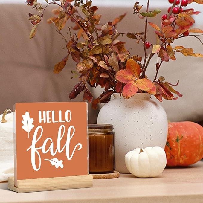 Hello Fall Decor Rustic Fall Decorations for Home Office Cute Autumn Thanksgiving Decor Farmhouse Harvest Acrylic Decorations for Bedroom Table 5 x 5 inches (Acrylic 1705)