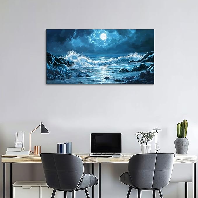 CHATYOUNG Blue Ocean Waves Landscape Wall Art, Beach Moon Sea Waves Night View Modern Canvas Wall Painting for Living Room Bedroom Office Bathroom Birthday Gift Home Decor 20x40 In