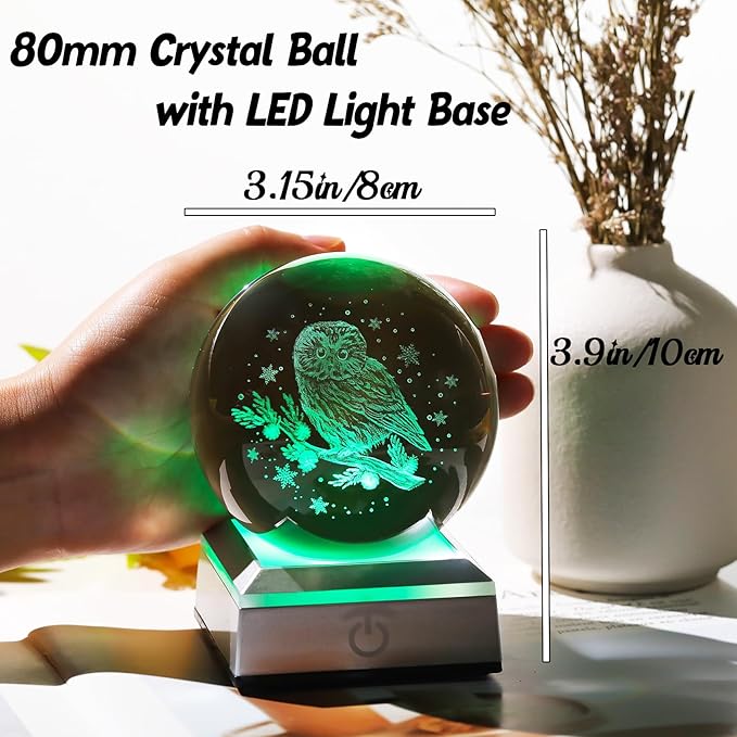 Ornalrist 3.15" Crystal Ball 3D Engraved Owl with Snowflake Gifts for Women Men Children Glass Sphere with LED Colorful Base Ideas on Birthday Christmas for Home Decor Figurine