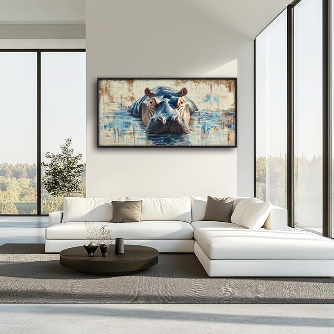 Extra Large Framed Abstract Hippo Wall Art,Oversized African Hippopotamus Wild Animal Wall Decor,Vintage Pictures for Living Room,Canvas Print Painting Modern Artwork Bedroom Office Bathroom 60L x30W