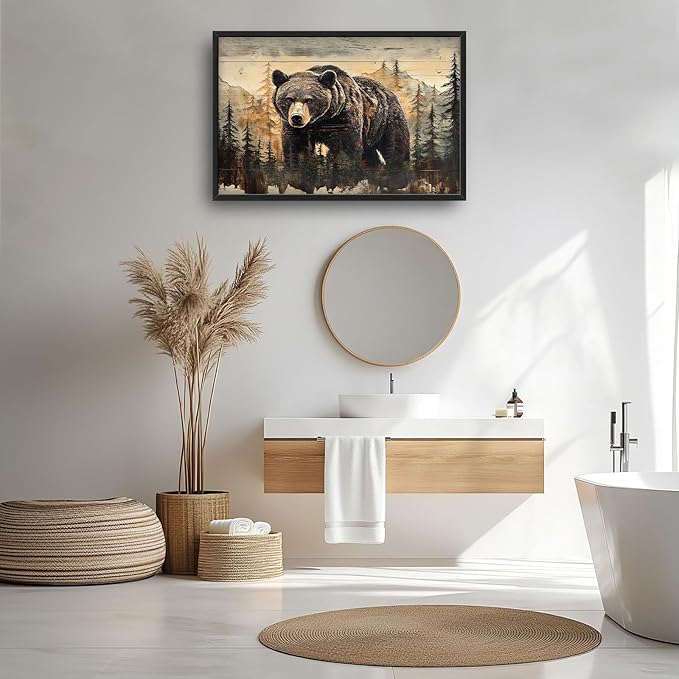 Cabin Wall Art for Living Room, Brown Bear Canvas Wall Decor, Large Wildlife Animal Pictures Framed Painting, Natural Landscape Artwork for Bedroom Office Home Decor 36L'' × 24W''