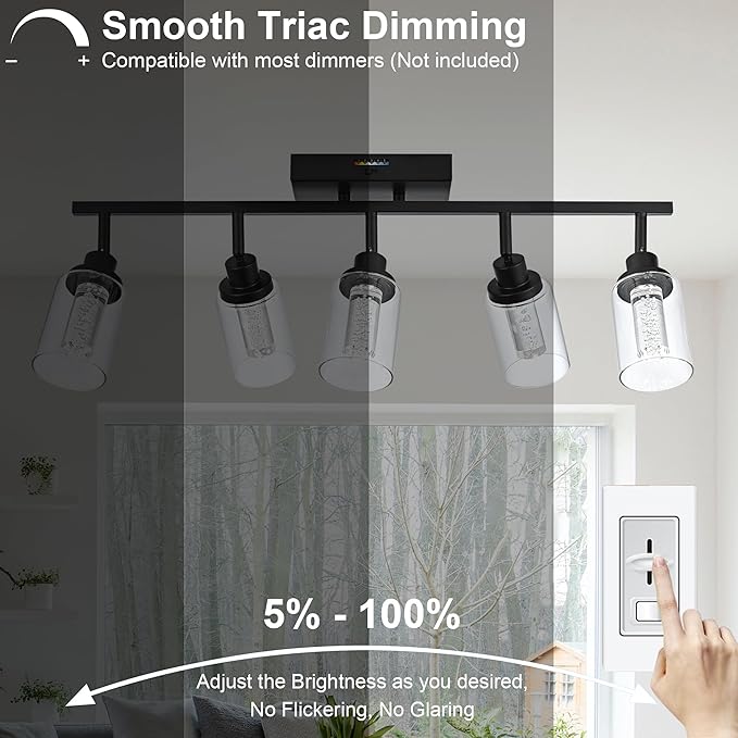 MELUCEE LED Ceiling Spotlight Kitchen Track Lighting Kits 5-Light Bathroom Vanity Light Black Wall Mounted Lamp with Flexibly Rotatable Light Heads, Built-in LED Chips, 5-Color Temperature Adjustable