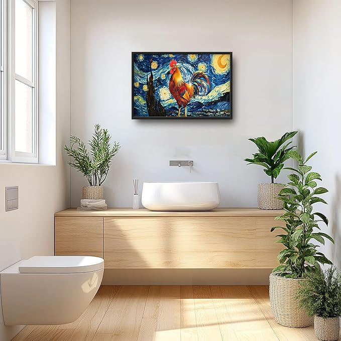 Flintis Large Rooster Wall Art Starry Sky Night Chicken Pictures Wall Decor Abstract Animal Canvas Painting Print Artwork Decoration Framed for Living Room Bathroom Master Bedroom Office 36L x 24W