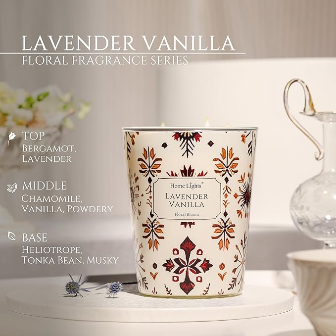 HomeLights Large jar Candle | 3-Wick Long-Lasting Scented Candles, 34oz Natural Soy Wax Candle for Home Scented, Bohemian Natural Textures Gifts for Women & Men, Lavender Vanilla