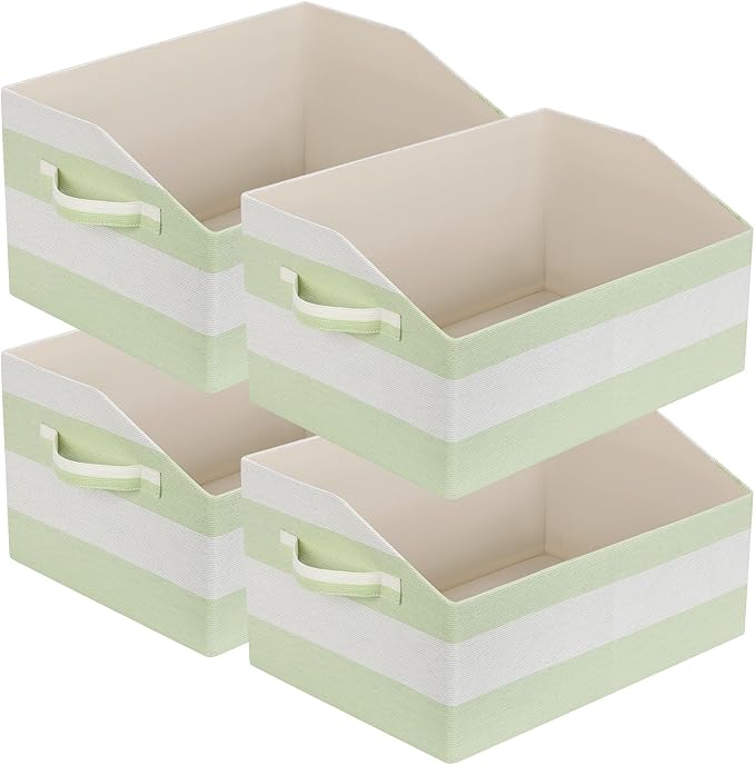 Linen Closet Organizers and Storage, Trapezoid Fabric Bins, Home Office Organization Baskets Striped Collapsible Box with Handles for Clothes, Blanket, Books, DVD, 4 Pack, Green/White