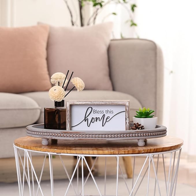 Oval Wooden Tray, Decorative Trays for Home Decor Coffee Table Kitchen Dinning Table, Small Wood Beaded Tray for Decor Grey