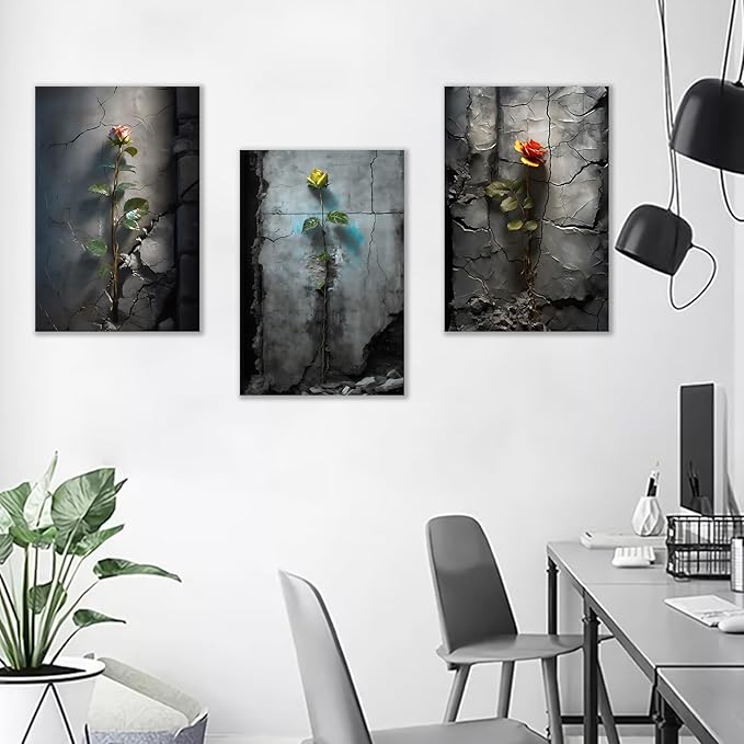 Vintage Floral Canvas Poster Wall Art 3 Roses in The Cracked Retro Botanical Picture Painting Wall Decor Artwork Use for Modern Home Bedroom Living Room Stretched and Framed [48''W X 24''H]