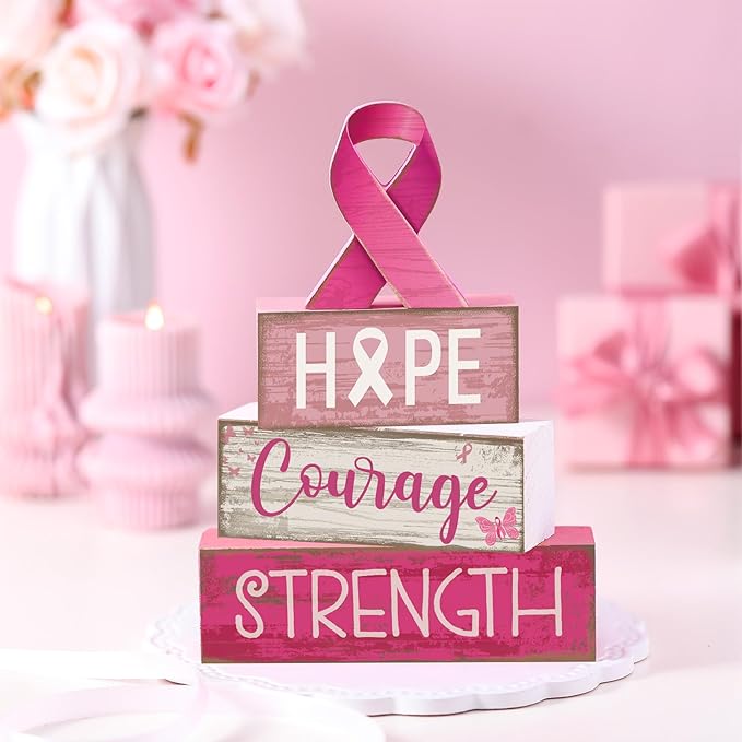 4 Pcs Breast Cancer Awareness Table Decor Pink Ribbon Wooden Sign Breast Cancer Tiered Tray Decor Decorative Pink Ribbon Blocks Sign Gifts for Home Kitchen Party Decoration