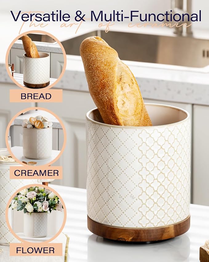 getstar 360° Rotating Kitchen Utensil Holder, Large Ceramic Cooking Utensil Holder for Kitchen Counter with Rotatable and Detachable Wooden Base
