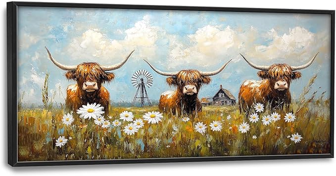 Flintis Large Highland Cow Barn Framed Wall Art Farmhouse Highland Cattle Daisy Pictures Wall Decor Abstract Canvas Painting Print Artworks Framed for Living Room Bathroom Master Bedroom 60L X 30W