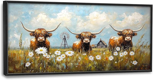 Flintis Large Highland Cow Barn Framed Wall Art Farmhouse Highland Cattle Daisy Pictures Wall Decor Abstract Canvas Painting Print Artworks Framed for Living Room Bathroom Master Bedroom 60L X 30W
