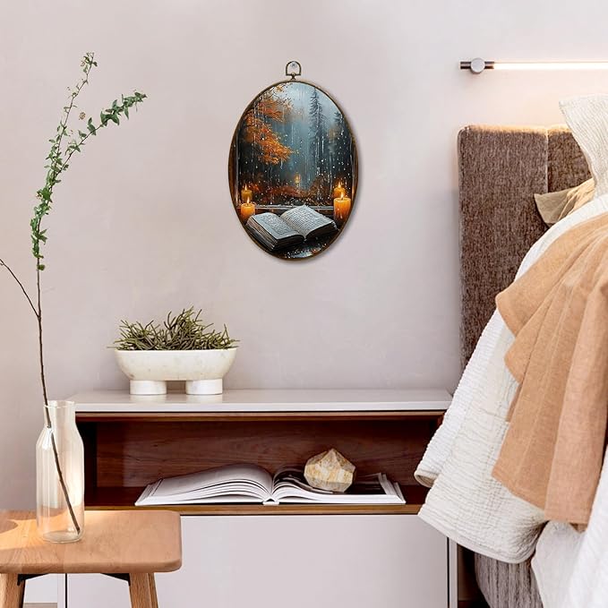 JQF Dark Academia Fall Rainy Oval Wall Art, Cottagecore Rainy Fall Candle Oval Canvas Wall Art, Dark Academia Bookish Framed Prints Hanging Decor for Home Bedroom Reading Room Library, 8.5x11.5 Inch