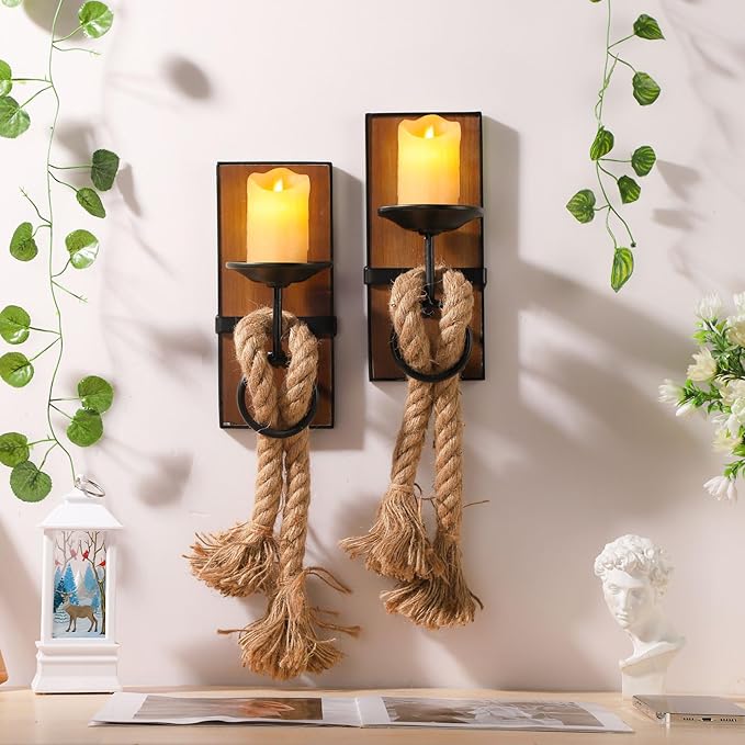 Wall Sconce Candle Holder Black Wall-Mount Metal and Wooden Candle Holders Hanging Iron Wall Candle Sconce Holder and use Hemp Rope Decoration,for Home,Living Room, Bathroom, Dining Room, Set of 2