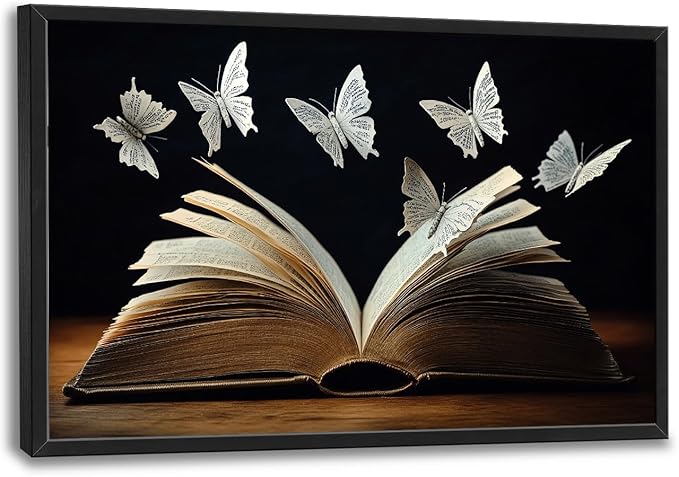 Olivine Butterfly Large Wall Art, Book Pictures Wall Decor, Bookish Butterfly Painting, Reading Nook Canvas Prints, Framed Artwork for Dining Room Living Room Bedroom Library Office Home Decor 36"x24"