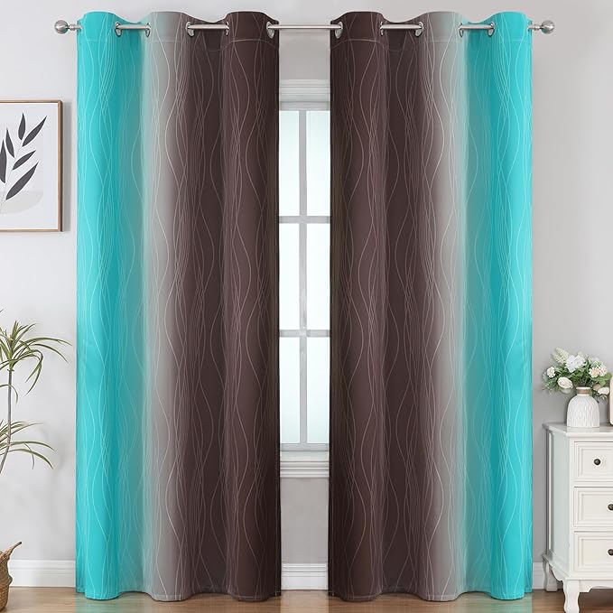 Estelar Textiler Brown and Teal Room Darkening Blackout Curtains 84 Inch Length 2 Panels Set for Living Room, Thermal Insulated Ombre Light Blocking Grommet Blackout Drapes for Bedroom, 42Wx84L