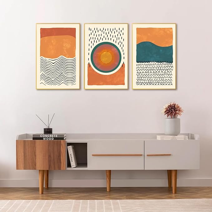 HPINUB Boho Abstract Framed Canvas Prints Wall Art Set, Mid-Century Color Block Shape Wall Decor, Minimalist Illustrations Art Photos for Living Room, Bedroom, Dining Room, Office, Bathroom -