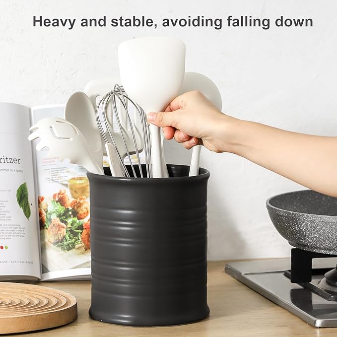 Nihow Kitchen Utensil Holder: 7.2 Inch Extra Large Ceramic Utensil Holder for Countertop - Stable Utensil Crock for Kitchen Counter Decor - Matte Black (1PC)