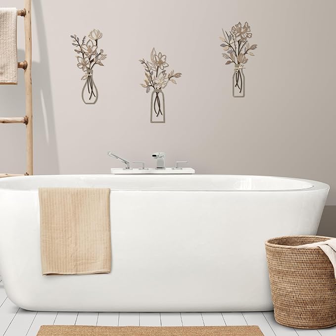 ARTINME 3 Pieces Metal Flowers Wall Arts - Rustic Farmhouse Decor Minimalist Flower Wall Decors for Living room Bathroom Kitchen Bedroom Dining Room - Housewarming Gifts (Brown)