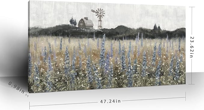 Large Wall Art for Living Room Vintage Farmhouse Decor Nature Wildflower Field Landscape Wilderness Meadow Painting Classical Scenery Canvas Print Rustic Countryside Windmill Barn Artwork 24x48inch
