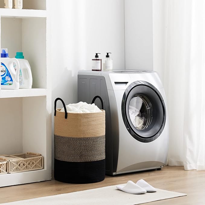 Fiona's magic 58L Large Woven Laundry Hamper, Tall Cotton Rope Laundry Basket, Boho Storage Basket for Blankets, Toys and Clothes Hamper for Bedroom and Living Room Organizing, Brown & Black