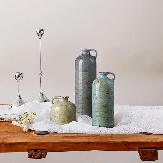 Ceramic Vase Set of 3 – Handcrafted Modern Farmhouse Decorative Vase, Neutral Pottery for Pampas Grass, Flowers, Table Centerpieces, Living Room, Mantel & Shelf Decor – Multicolor