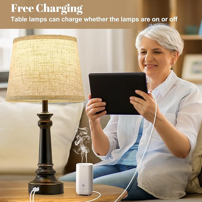 Touch Lamps for Nightstand Set of 2 - Black Table Lamp for Bedroom 3 Way Dimmable Bedside Lamp with USB C+A Ports - Lamps for Night Stands Living Room End Table,2 LED Bulbs Included