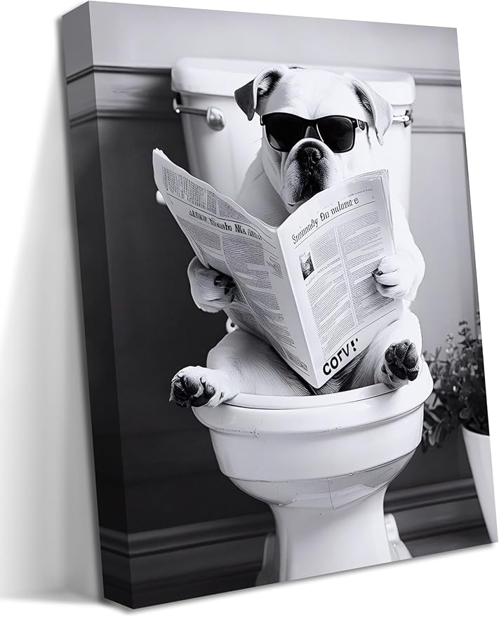 Funny Bathroom Picture Wall Decor - Dog Reading Newspaper on Toilet Canvas Wall Art, Framed Black and White Toilet Bathroom Poster Prints, Cute Animal Art Home Decor 12x16 inch