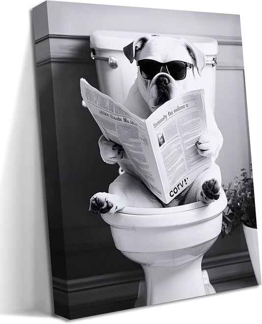 Funny Bathroom Picture Wall Decor - Dog Reading Newspaper on Toilet Canvas Wall Art, Framed Black and White Toilet Bathroom Poster Prints, Cute Animal Art Home Decor 12x16 inch