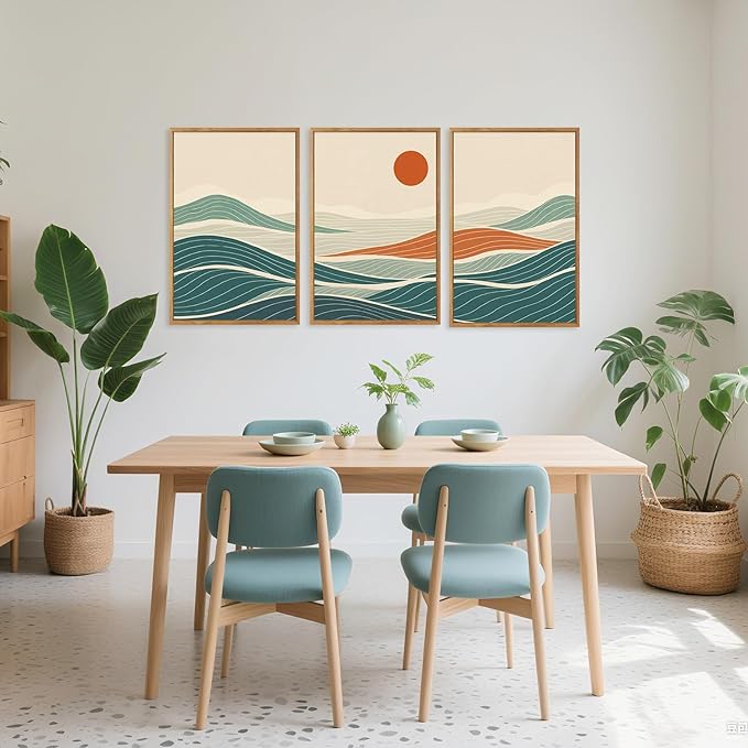 CHDITB Coastal Wave Framed Canvas Wall Art Set, Panoramic Minimalist Sea Wall Decor, Sun Ocean Waves Line Art Wall Painting, Modern Blue Art Prints for Living Room, Beach House Decor 16"x24"x3