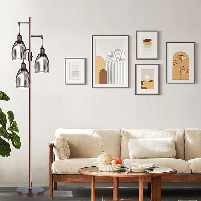 Dimmable Floor Lamp, Industrial Floor Lamps for Living Room, Brown Tree Lamp Standing Lamp Tall Lamps with 3 Elegant Teardrop Cage Head & 800 Lumens LED Bulbs for Living Room Bedroom Office