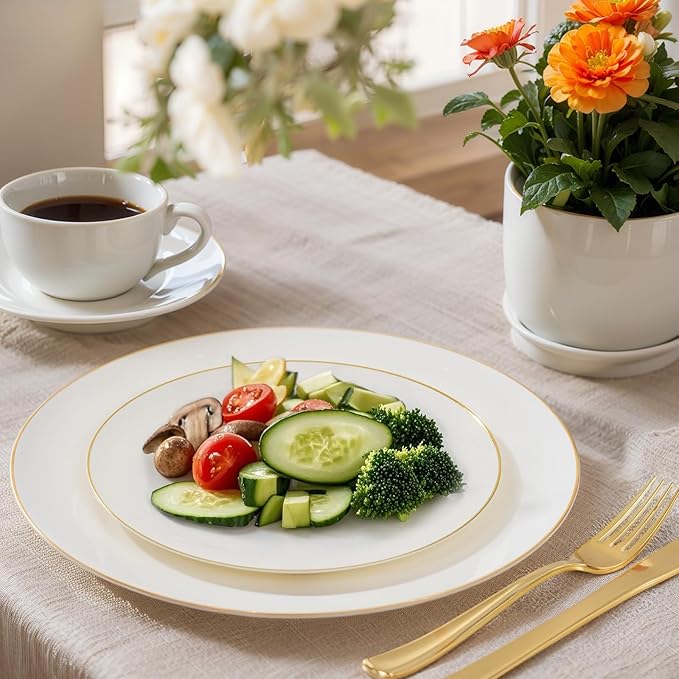 Nervure 100Pcs Ivory and Gold Plastic Plates - 7.5inch Disposable Ivory Dessert/Salad Plates - Heavy Duty Plastic Plate Ideal for Wedding & Party & Thanksgiving