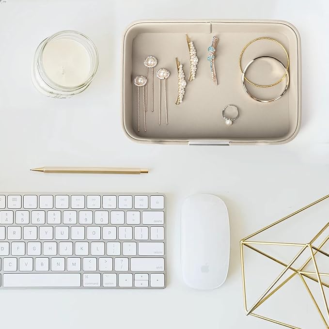 SANZIE Luxury Leather Tray Desktop Storage Catchall Organizer Decorative Tray for Entryway Table to Hold Jewelry Watch Keys Phone Wallet (Metal Silvered, Grey)