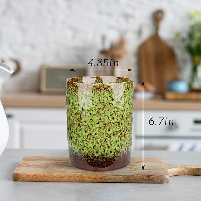 Utensil Holder, Ceramic Kitchen Utensil Holder for Countertop, Large Cooking Utensil Crocks for Kitchen Counter, Morden Utensil Organizer for Spatula, kitchen Decor,Green