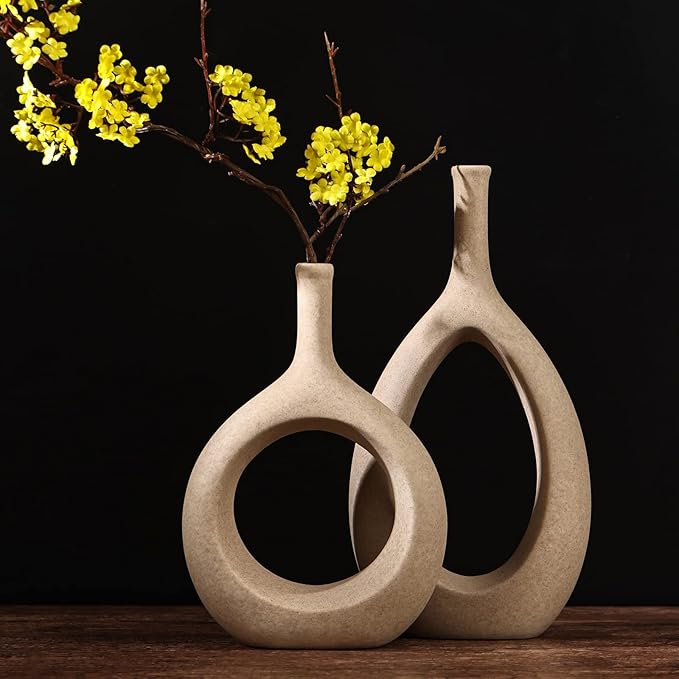 LCCCK Matte Beige Ceramic Vase, Tan Circle Vases with Hole, Neutral Rustic Centerpiece Table Decorations Flower Vase, Minimalist Vase Farmhouse Dinner Decor