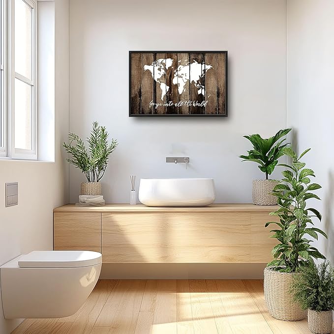 Flintis Large World Map Wall Art Go Ye Into All The World Pictures Wall Decor Abstract Canvas Painting Print Artwork Decoration Framed for Living Room Bathroom Master Bedroom Office 36L x 24W