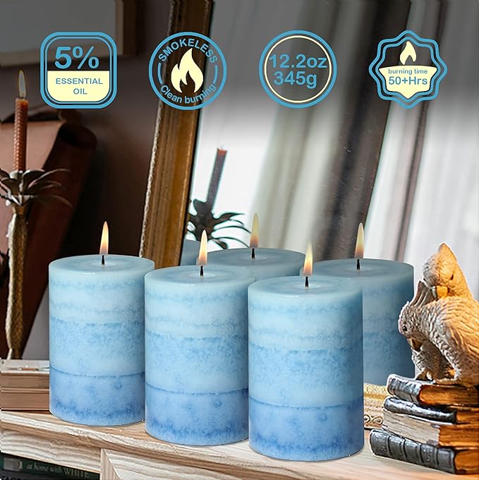 3x4 Inche Pillar Candles Ocean Scented Aromatherapy Candles Long Lasting Burn Blue Mottled 3-Layered Candles for Home Scented, SPA, Restaurant, Set of 3, Immeiscent