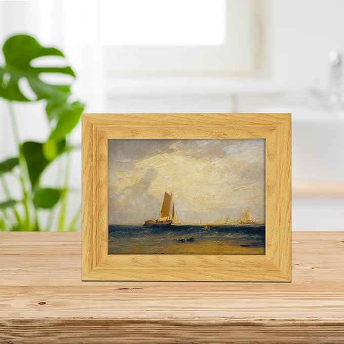 Brivoria Framed Canvas Wall Art Vintage Decor, Romantic Coastal Scene with Sailing Ship Golden Sky Tidal Water and Shore Birds for Bathroom Entryway Bookshelf or Tabletop Display, 8"x10"